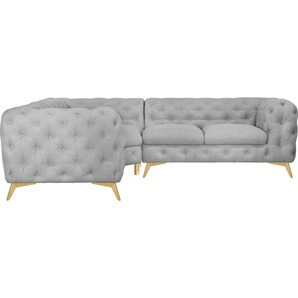 Chesterfield-Sofa LEONIQUE Glynis Sofas Gr. B/H/T: 264 cm x 75 cm x 204 cm, Struktur, langer Schenkel rechts, Fußfarbe goldfarben, grau Chesterfieldsofas aufwändige Knopfheftung, moderne Chesterfield Optik, Fußfarbe wählbar