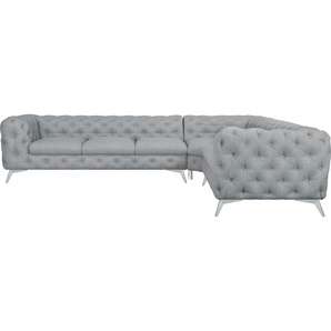 Chesterfield-Sofa LEONIQUE Glynis Sofas Gr. B/H/T: 323 cm x 75 cm x 264 cm, Struktur, langer Schenkel links, Fußfarbe chromfarben, grau Chesterfieldsofas aufwändige Knopfheftung, moderne Chesterfield Optik, Fußfarbe wählbar