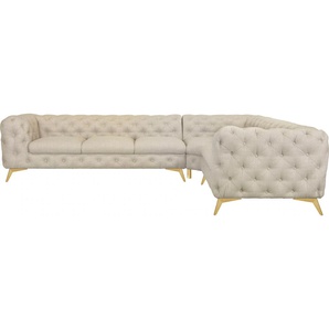 Chesterfield-Sofa LEONIQUE Glynis Sofas Gr. B/H/T: 323 cm x 75 cm x 264 cm, Struktur, langer Schenkel links, Fußfarbe goldfarben, beige (creme) Chesterfieldsofas aufwändige Knopfheftung, moderne Chesterfield Optik, Fußfarbe wählbar