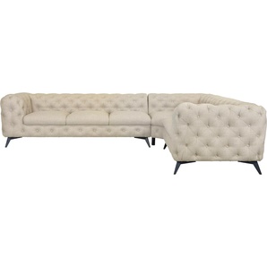 Chesterfield-Sofa LEONIQUE Glynis Sofas Gr. B/H/T: 323 cm x 75 cm x 264 cm, Struktur, langer Schenkel links, Fußfarbe schwarz, beige (creme) Chesterfieldsofas aufwändige Knopfheftung, moderne Chesterfield Optik, Fußfarbe wählbar