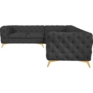 Chesterfield-Sofa LEONIQUE Glynis Sofas Gr. B/H/T: 323 cm x 75 cm x 264 cm, Struktur, langer Schenkel rechts, Fußfarbe goldfarben, grau (anthrazit) Chesterfieldsofas aufwändige Knopfheftung, moderne Chesterfield Optik, Fußfarbe wählbar