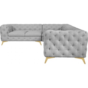 Chesterfield-Sofa LEONIQUE Glynis Sofas Gr. B/H/T: 323 cm x 75 cm x 264 cm, Struktur, langer Schenkel rechts, Fußfarbe goldfarben, grau Chesterfieldsofas aufwändige Knopfheftung, moderne Chesterfield Optik, Fußfarbe wählbar