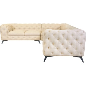 Chesterfield-Sofa LEONIQUE Glynis Sofas Gr. B/H/T: 323 cm x 75 cm x 264 cm, Struktur, langer Schenkel rechts, Fußfarbe schwarz, beige (creme) Chesterfieldsofas aufwändige Knopfheftung, moderne Chesterfield Optik, Fußfarbe wählbar