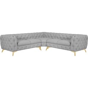 Chesterfield-Sofa LEONIQUE Glynis Sofas Gr. H/T: 75 cm x 264 cm, Struktur, gleichschenklig, Fußfarbe goldfarben, grau Chesterfieldsofas aufwändige Knopfheftung, moderne Chesterfield Optik, Fußfarbe wählbar