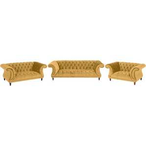 Chesterfield-Sofa MAX WINZER Isabelle Sofas Gr. B/H/T: 253 cm x 80 cm x 100 cm, Samtvelours 20442, gelb (mais) Chesterfieldsofas Knopfheftung & gedrechselten Füßen in Buche Nussbaum, Breite 260 cm