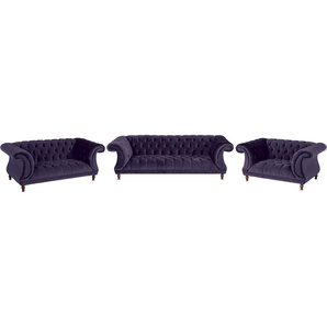 Chesterfield-Sofa MAX WINZER Isabelle Sofas Gr. B/H/T: 253 cm x 80 cm x 100 cm, Samtvelours 20442, lila (purple) Chesterfieldsofas Knopfheftung & gedrechselten Füßen in Buche Nussbaum, Breite 260 cm