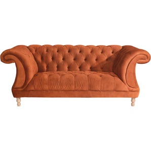 Chesterfield-Sofa MAX WINZER Isabelle Sofas Gr. B/H/T: 200 cm x 80 cm x 100 cm, Microvelours, braun (cognac) Chesterfieldsofas mit Knopfheftung & gedrechselten Füßen in Buche natur, Breite 200 cm