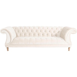 Chesterfield-Sofa MAX WINZER Isabelle Sofas Gr. B/H/T: 253 cm x 80 cm x 100 cm, Samtvelours 20442, beige (creme) Chesterfieldsofas mit Knopfheftung & gedrechselten Füßen in Buche natur, Breite 260 cm