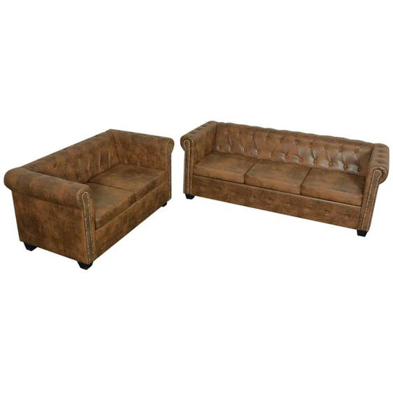 Chesterfield Sofa-Set 2-Sitzer und 3-Sitzer Kunstleder Braun