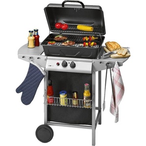 Clatronic® Gasgrill mit 2 Heizzonen | individuelle Temperatursteuerung | inkl. Grillrost + Warmhalterost | Grill mit praktischem Ablagekorb und großem Stauraum für Gasflasche | GG 3590 GG3590_si_schw