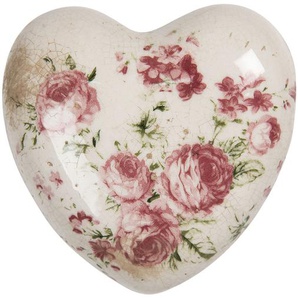 Clayre & Eef Dekoration Herz 11x11x4 cm Beige Rosa Keramik Herzförmig Blumen