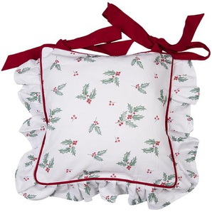 Clayre & Eef Kissenbezug für Stuhlkissen 40x40 cm Weiß Rot Baumwolle Quadrat Stechpalmenblätter Weihnachtskissen