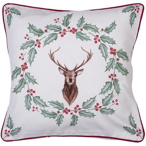 Clayre & Eef Kissenbezug 40x40 cm Weiß Rot Baumwolle Quadrat Hirsch und Stechpalmenblätter Dekokissenbezug
