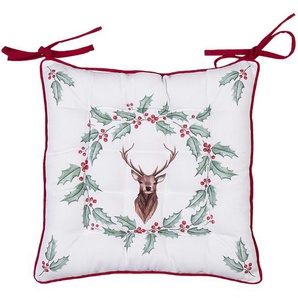 Clayre & Eef Stuhlkissen Schaumstoff 40x40x4 cm Weiß Rot Baumwolle Quadrat Hirsch und Stechpalmenblätter Sitzkissen