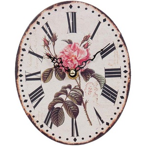 Clayre & Eef Tischuhr 15x18 cm Beige Rosa Holz Rund Blumen Tischuhren Innen