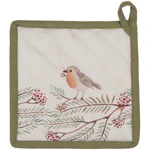 Clayre & Eef Topflappen 20x20 cm Beige Grün Baumwolle Vogel Abfluss-Topflappen