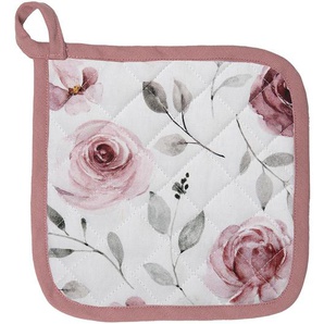 Clayre & Eef Topflappen 20x20 cm Weiß Rosa Baumwolle Quadrat Rosen Abfluss-Topflappen