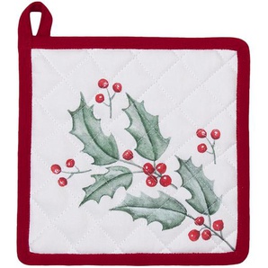 Clayre & Eef Topflappen 20x20 cm Weiß Rot Baumwolle Quadrat Stechpalmenblätter Abfluss-Topflappen