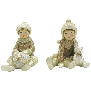 Clayre & Eef Figur 2-er Set Kinder 9 cm Beige Goldfarbig Polyresin