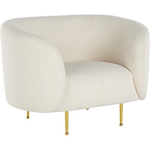 Sessel Weiß Bouclé Stoffbezug Cocktailsessel mit Armlehnen Metallgestell in Gold Glamouröser Edler Stil Wohnzimmer Salon Esszimmer Flur