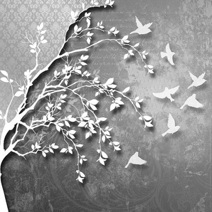 CONSALNET Vliestapete Silber Baum mit Vögeln Tapeten verschiedene Motivgrößen, für das Büro oder Wohnzimmer Gr. B/L: 2,54 m x 1,84 m, schwarz Vliestapeten Tapeten
