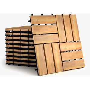 Costway - 10er Set 30x30cm Terrassenfliesen Holz, Bodenfliesen Akazienholz, Holzfliesen Bodenbelag, Klickfliesen Braun 12 Latten