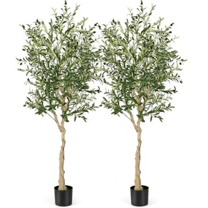 Costway - 2er Kunstpflanze, Künstliche Olivenbaum, 182 cm, Zimmerpflanze mit Zementtopf & natürlichen Blättern & 72 Früchten, Kunstbaum für Garten
