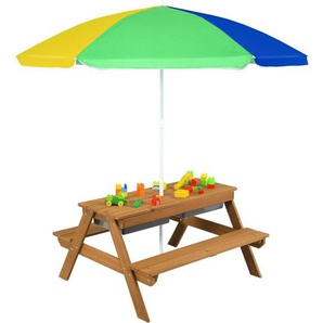 COSTWAY 3 in 1 Kinder Picknicktisch mit Sonnenschirm & Bänke, Kindersitzgruppe aus Holz mit Abnehmbarer Tischplatte & 2 Spielboxen, Sitzgarnitur
