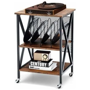 Costway - 3-stöckiger Plattenspielerständer rollbar, rustikaler Nachtisch mit 3 Ablagen, aus Holz mit Metallrahmen & feststellbaren Rädern für