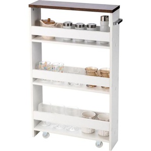 Costway - 4 Ebenen Nischenregal auf Rollen, Küchenwagen schmal, Badregal mit seitlichem Griff, aus Holz, 48 x 12,5 x 81 cm