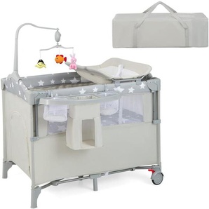 Costway - 4 in 1 klappbares Reisebett & Beistellbett & Wickeltisch & Laufstall rollbar, 2 Ebenen Babybett inkl. Spielbogen, Spieluhr, Matratze,