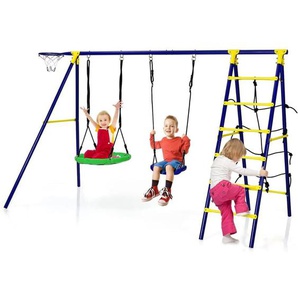 Costway - 5-in-1-Schaukelset mit 2 Schaukeln, Basketballkorb, Kletternetz und Kletterleiter, Kinderschaukel mit Gestell, Gartenschaukel,