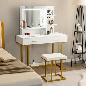 Costway - Coiffeuse avec Miroir Lumineux et Tabouret, Table de Maquillage Luminosité Réglable Cadre en Acier Doré avec 2 Grand Tiroirs, 2 Étagères, 1