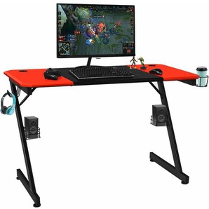 COSTWAY Gamingtisch, 120cm Z-förmiges Computertisch, mit Becherhalter, Kopfhörerhaken und Boxenständern
