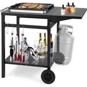 Costway - Grillwagen mit klappbarer Tischplatte, Beweglicher Campingtisch mit 2 Ablagen & 4 Haken, Metall für Außenbereich, Servierwagen zum Grillen