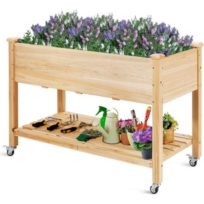 Costway - Hochbeet mit Ablagefach, Erhöhtes Gartenbeet aus Holz, Pflanzkasten mit feststellbaren Rädern und Abdeckfolie, Gemüsebeet Kräuterbeet groß