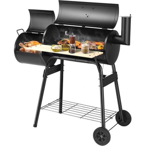 Costway - Holzkohlegrill mit Deckel, Grillwagen mit Rädern, Seitenfeuerbox, Seitentisch, Regal, Holzgriffen, Thermometer, Holzkohle Grill für