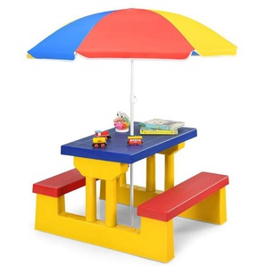 COSTWAY Kinder Sitzgruppe Sitzgarnitur Kindermoebel mit Sonnenschirm Kindertisch Picknickbank