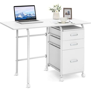 Costway - Klappbarer Computertisch mit 3 Schubladen und Rollen, Schreibtisch mit Metallrahmen, platzsparender Bürotisch, Klappschreibtisch für kleine
