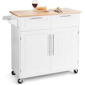 Costway - Kücheninsel mit Arbeitsplatte und Handtuchhalter, Küchenwagen mit 2 Schubladen und Türen, Servierwagen mit Rollen aus Holz, 94 x 45,5 x