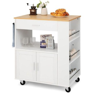 Costway - Küchenwagen auf Rollen, Servierwagen mit Arbeitsplatte & Handtuchhalter & 3 Gewürzregalen & Schublade, Holz, für Küche, Esszimmer, Bar