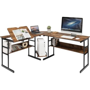 Costway - L-förmiger Schreibtisch, Eckschreibtisch aus Holz mit neigbarer Tischplatte, unterem Bücherregal & CKunstleder-Ständer, Zeichentisch