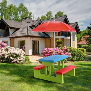 Costway - Sitzgruppe Kinder Sitzgarnitur Kindermoebel mit Sonnenschirm Kindertisch Picknickbank Bank