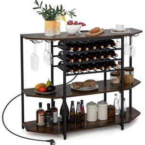 Costway - Weinregal mit Glashalter & Regalen, 3 Ebenen Flaschenregal mit Steckdosen, für 21 Weinflaschen, industrieller & freistehender Weinschrank