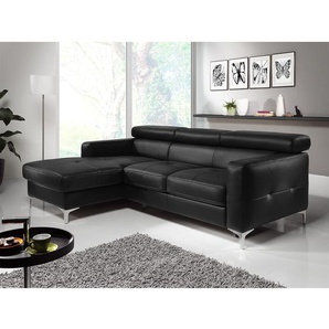 Ecksofa I Echtleder Schwarz/Schwarz Echtleder 226 x 74 x 169cm Longchair davorstehend links Bettkasten/Schlaffunktion Modern