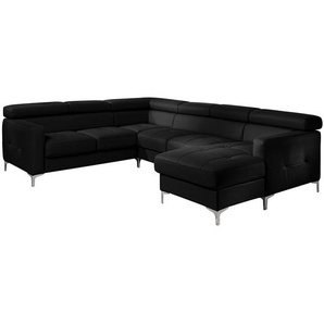 Wohnlandschaft Schwarz/Schwarz Kunstleder 306 x 92 x 242cm Longchair davorstehend links / Ottomane rechts Modern