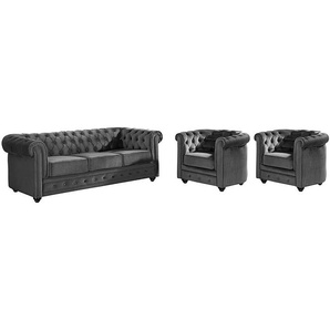 Couchgarnitur 3+1+1 - Samt - Anthrazit - CHESTERFIELD