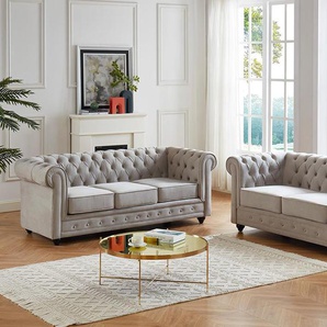 Couchgarnitur 3+2 - Samt - Hellgrau - CHESTERFIELD