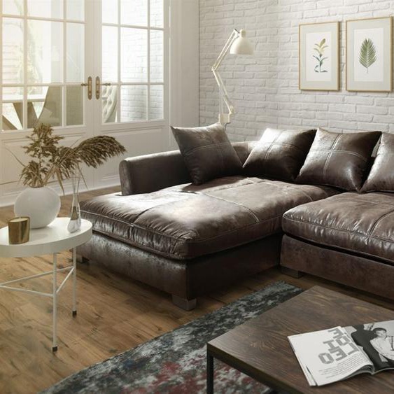 Couchgarnitur TIZIAN L-Form Wildlederoptik- Dunkelbraun/O...