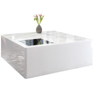 Couchtisch 100x100x40 cm, weiß, hochglanz lackiert, mit eingearbeitetem Quadrat aus Schwarzglas - Wohnzimmertisch, Sofatisch